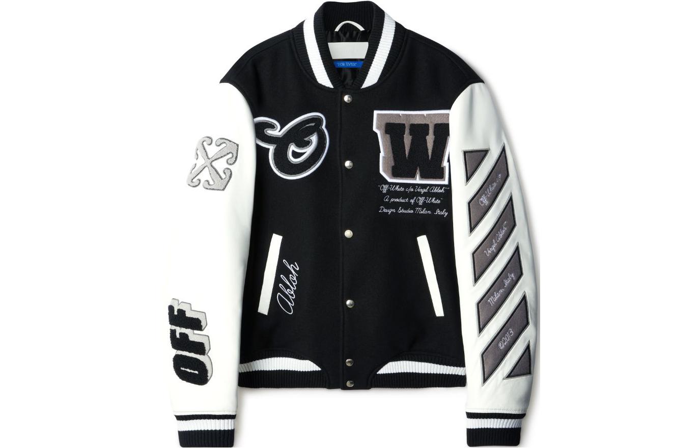 OFF-WHITE FW23 Geometric Letter Design Black Varsity Jacket Unisex Loose Fit OMJA122C99LEA0021010