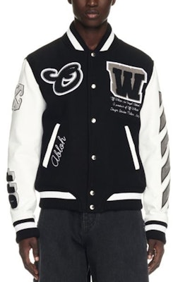 Jaket Varsity Hitam OFF-WHITE FW23 Desain Huruf Geometris Unisex Loose Fit. OMJA122C99LEA0021010 Lookbook Jaket Varsity Hitam OFF-WHITE FW23 Desain Huruf Geometris Unisex Loose Fit. OMJA122C99LEA0021010