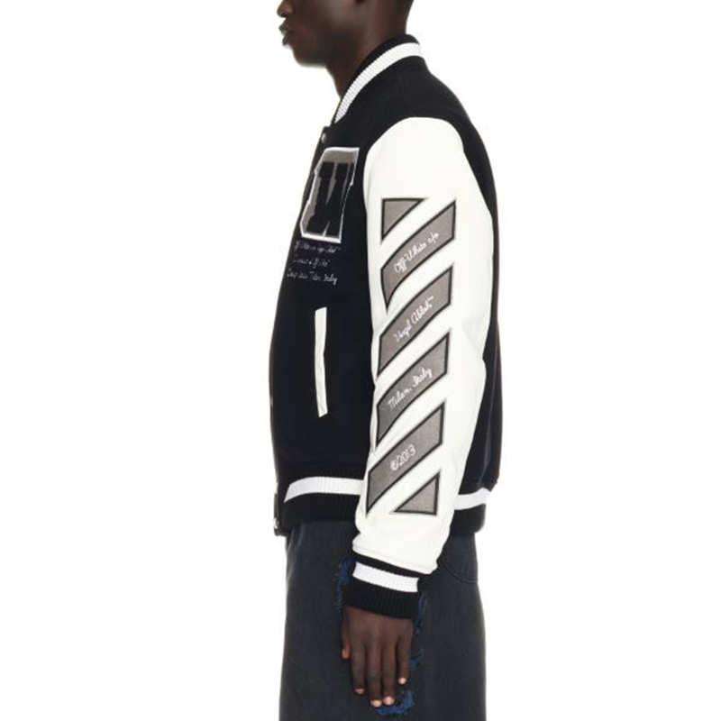 Purchase 오프화이트 FW23 기하학 레터 블랙 바시티 자켓 유니섹스 루즈핏 OMJA122C99LEA0021010