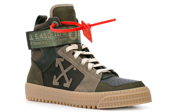 Lookbook Off-White Industriële Panelen Leren Suède Hoge Sneakers Legergroen. OMIA102R198000014343
