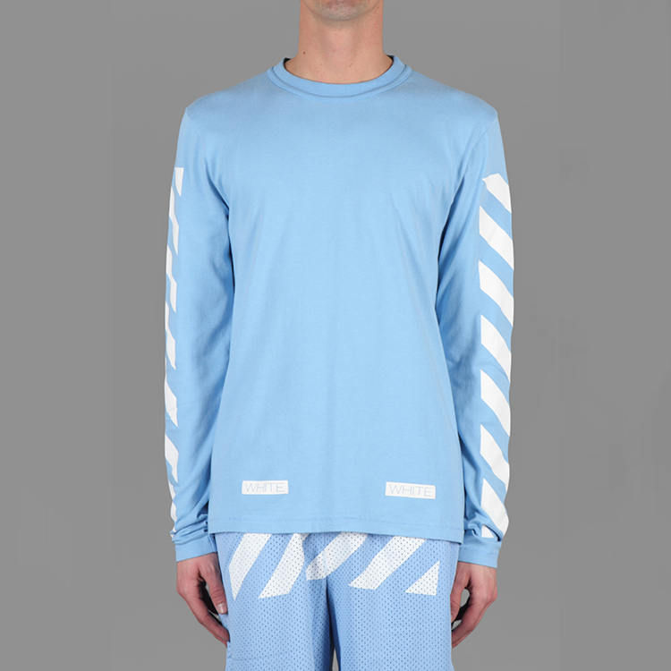 Shop OFF-WHITE 初宗13字母条纹长袖T恤蓝色男女同款 AU2001-03-03