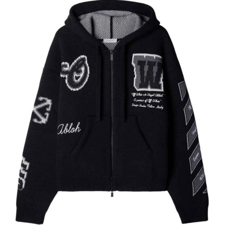 OFF-WHITE Letter Print Hooded Jacket Black  Loose Fit Outerwear OMHU013F23KNI0021010
