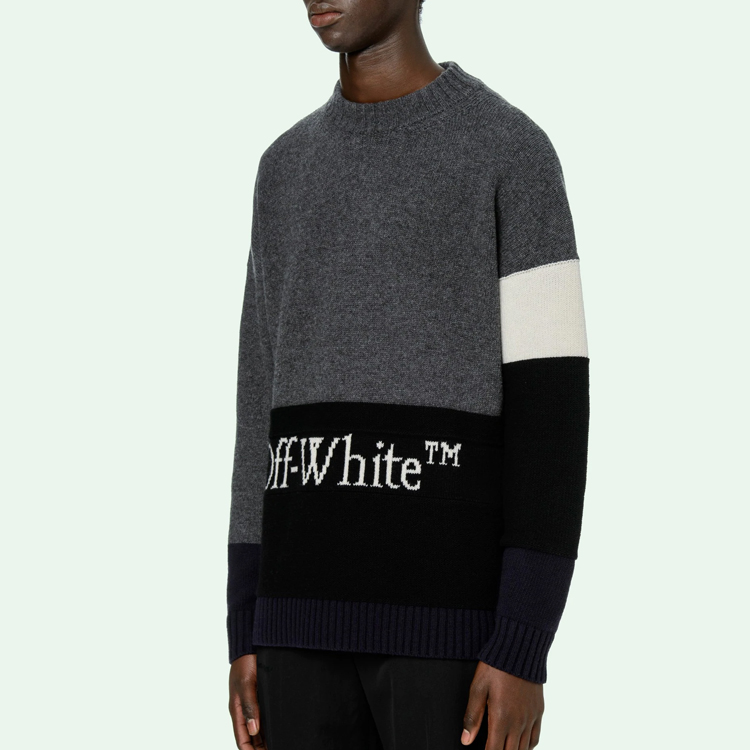 Sizing OFF-WHITE Logo Baju Wool Rajutan - Kelabu Gelap OMHE048E20KNI0010701