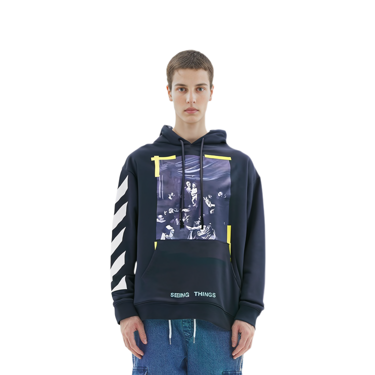 Lookbook 오프화이트 네이비 그래픽 로고 프린트 후디 OMBB003F170030163201