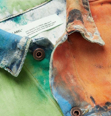 Off-White Painted Distressed Denim Trucker Jacket Multicolor Order Off-White Painted Distressed Denim Trucker Jacket Multicolor