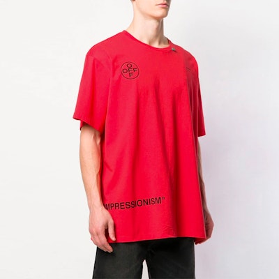 오프화이트 레드 루즈핏 티셔츠 그래피티 화살 모티프 OMAA038R191850152010 Purchase 오프화이트 레드 루즈핏 티셔츠 그래피티 화살 모티프 OMAA038R191850152010