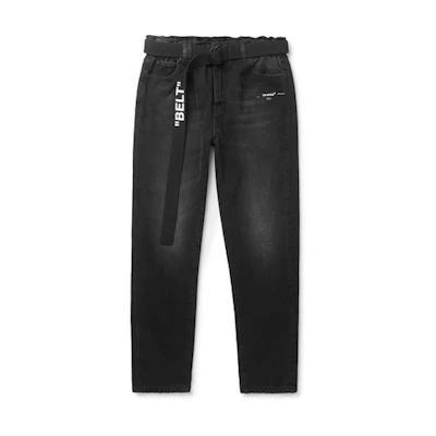 Off-White Slim Fit Logo Print Washed Denim Jeans Charcoal/White