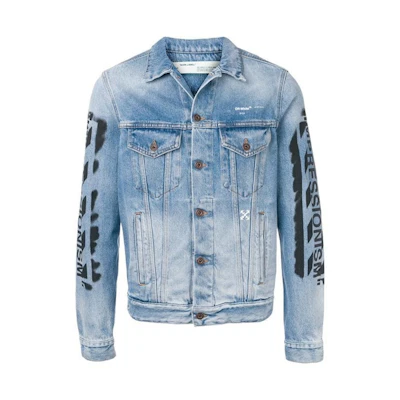 Off-White Slim Fit Spray Paint Diag Denim Jacket Bleached Blue