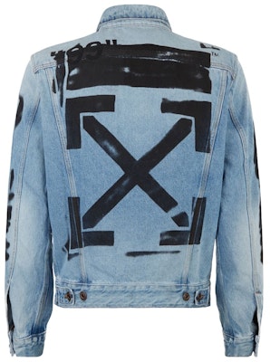 Off-White Slim Fit Spray Paint Diag Denim Jacket Bleached Blue Order Off-White Slim Fit Spray Paint Diag Denim Jacket Bleached Blue