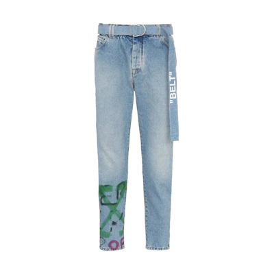 Off-White Slim Low Crotch Graffiti Denim Jeans Bleach/Multicolor