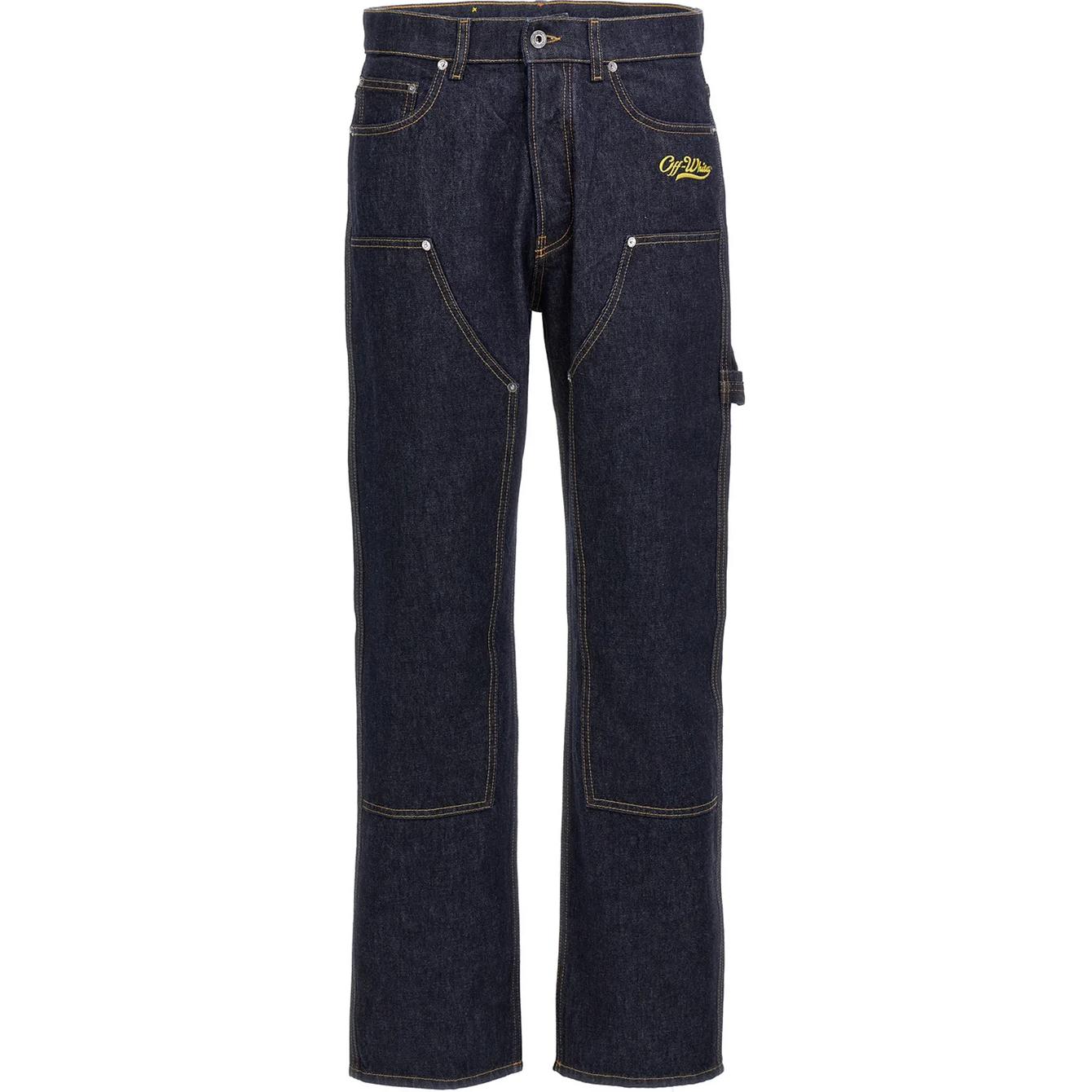 OFF-WHITE Solid Logo Embroidered High-Waist Slim Fit Jeans Men Indigo Blue OMYA168S23DEN0024818