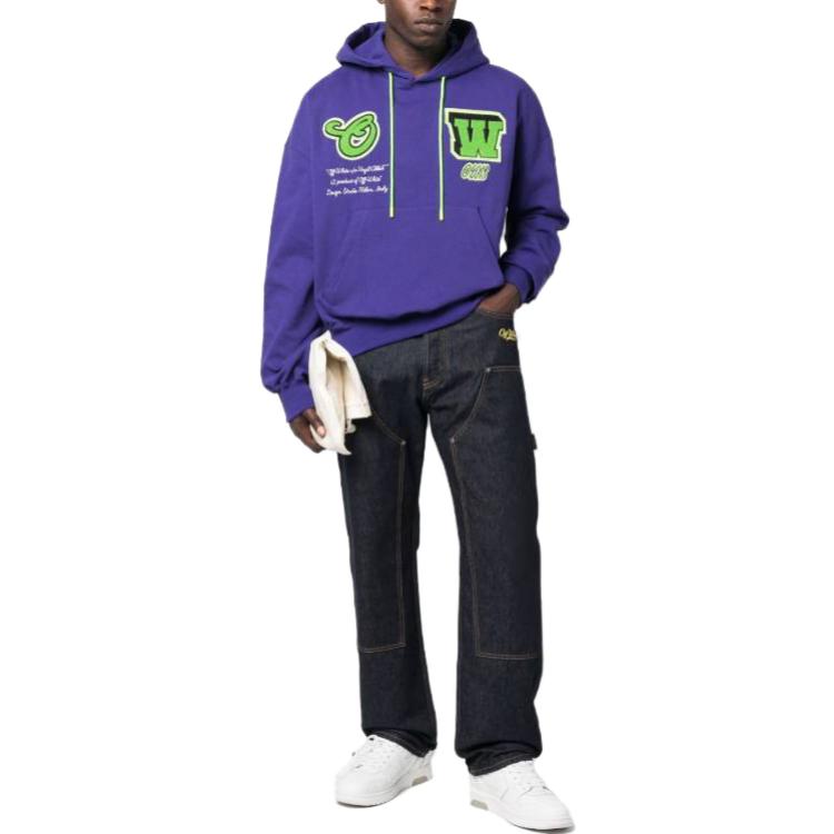 Shop OFF-WHITE 男士高腰修身牛仔裤 深蓝色 刺绣标志 OMYA168S23DEN0024818