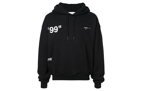 Order OFF-WHITE SS19 Hoodie Hitam Loose Fit dengan Grafis Belakang. OMBB037R19B970011088