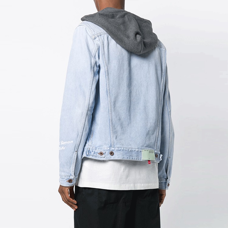 Shop OFF-WHITE SS19 Blue Dual-Layer Hoodie Denim Jacket. OMYE010E183860207101