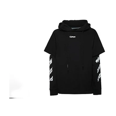 OFF-WHITE SS20 Airport Tape Black Hooded Long Sleeve Tee for Men OMAB033S201850031088