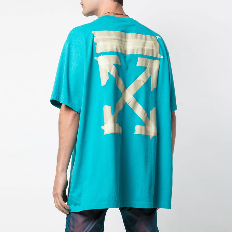 Purchase OFF-WHITE SS20 Kaos Biru dengan Desain Patch Panah Emas Foil OMAA038R201850023948