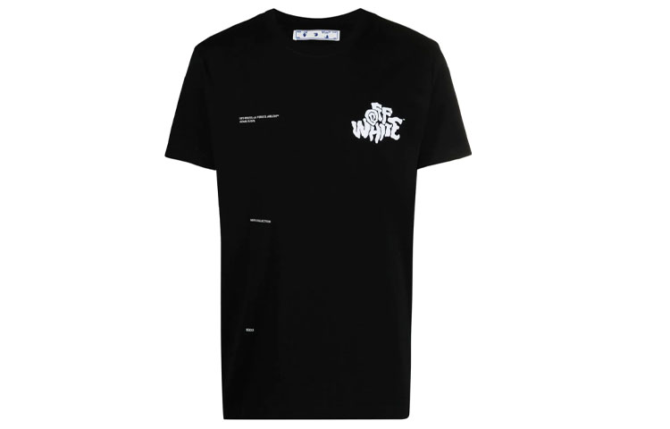 OFF-WHITE SS21 Adam Is Eve Logo Printed Black Crewneck T-Shirt Mens Regular Fit. OMAA027S21JER0141001