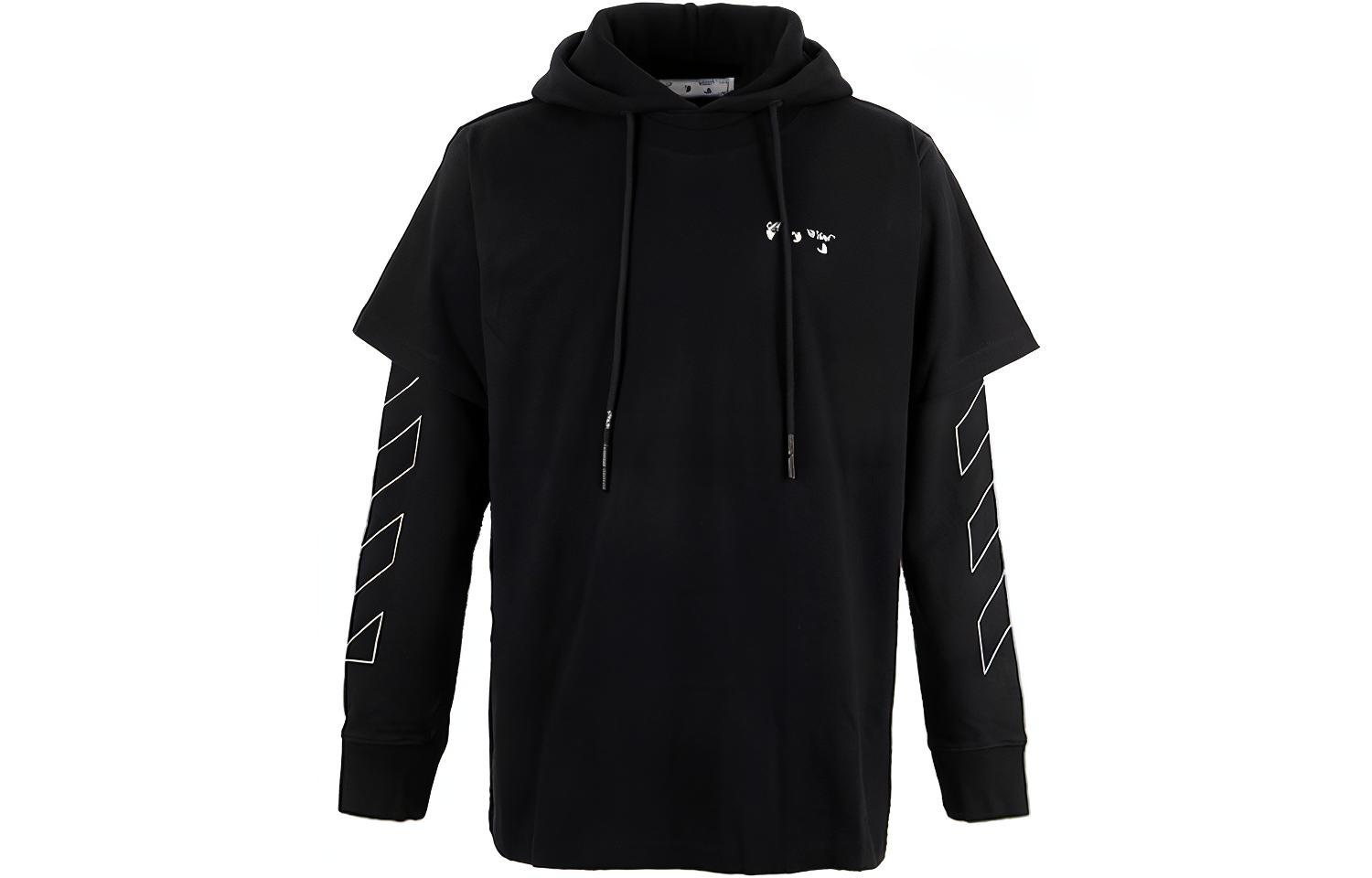 OFF-WHITE SS21 Black Double Sleeve Logo Print Hoodie Loose Fit. OMBB051F20FLE0011001