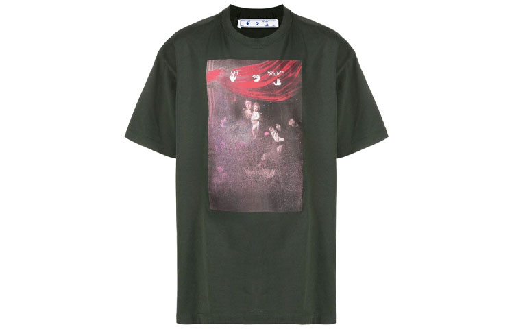 OFF-WHITE SS21 Caravaggio Print Arrow Oversized T-Shirt Green Menswear. OMAA038S21JER0055901