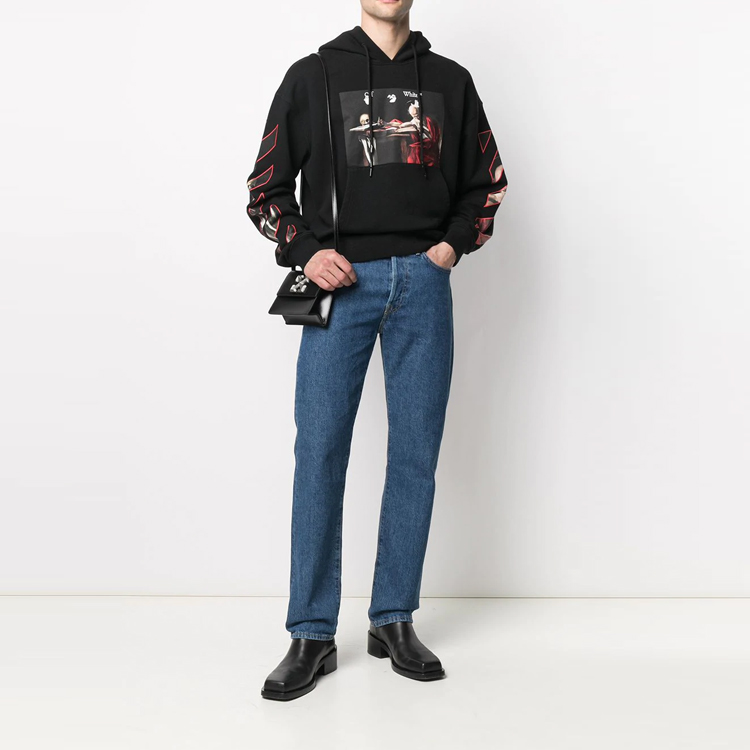 Lookbook Hoodie Unisex Hitam OFF-WHITE SS21 Cetakan Caravaggio Kapas OMBB037R21FLE0021025