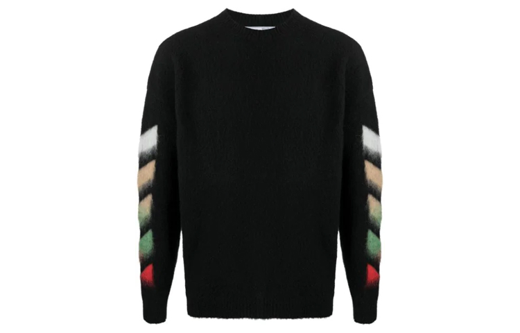 Order OFF-WHITE SS21 Crewneck Sweater Hitam Wool Berus Corak Garisan Serong OMHA036R21KNI0011084