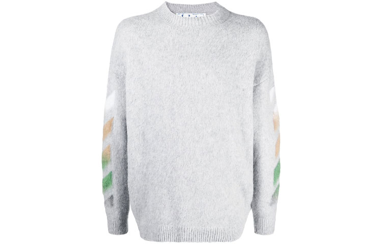OFF-WHITE SS21 Grey Striped Logo Knit Wool Sweater OMHA036R21KNI0017284
