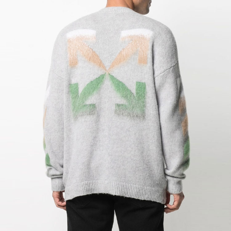 Purchase OFF-WHITE SS21 Baju Wool Rajutan Logo Jalur Kelabu OMHA036R21KNI0017284