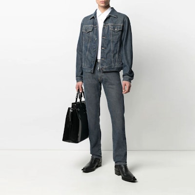 オフホワイト SS21 ロゴプリント デニムジャケット ルーズフィット - デニムブルー OMYE054S21DEN0044701 Lookbook オフホワイト SS21 ロゴプリント デニムジャケット ルーズフィット - デニムブルー OMYE054S21DEN0044701