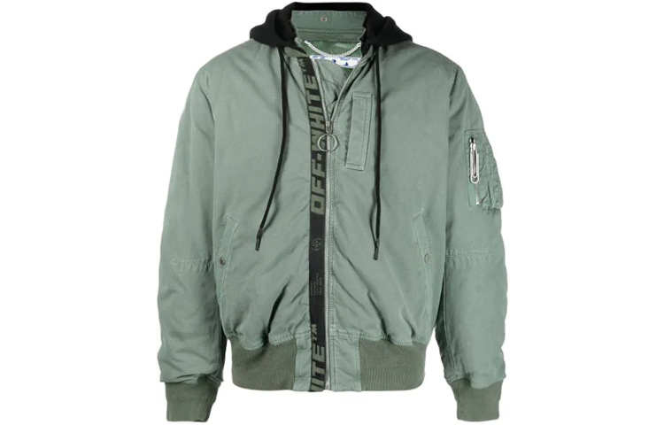 Off-White SS21 Logo Print Ruched Bomber Jacket Olive Green - OMEH028R21FAB0015910