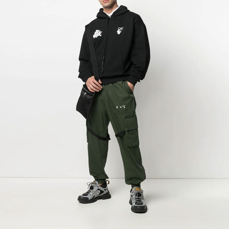 Lookbook Hoodie OFF-WHITE SS21 Logo Lidah Keluar Hitam Unisex Longgar. OMBB037S21FLE0061001