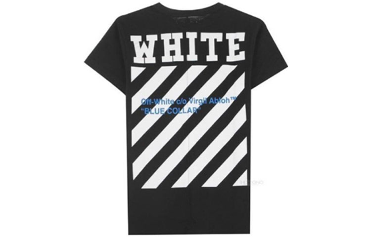 Lookbook OFF-WHITE SS21 Baju Cotton Crewneck Grafik Berjalur Hitam. OMAA002G20JER0091034