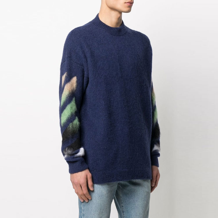 Shop 오프화이트 SS21 스트라이프 인타르시아 울 니트 스웨터 블루 남성용 OMHA036R21KNI0014984