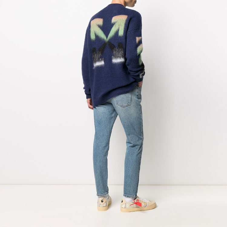 Purchase 오프화이트 SS21 스트라이프 인타르시아 울 니트 스웨터 블루 남성용 OMHA036R21KNI0014984