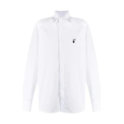 OFF-WHITE SS21 White Embroidered Logo Curved-Hem Long Sleeve Shirt OMGA152S21FAB0010110