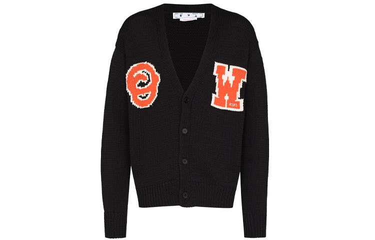 OFF-WHITE SS22  Black Logo Knit Cardigan Sweater with Deep V-Neck. OMHB014C99KNI0011020