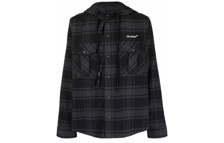 OFF-WHITE SS22 Checkered Hooded Long Sleeve Regular Fit Shirt Black Men’s OMGA225C99FAB0010701