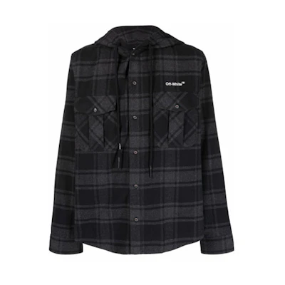OFF-WHITE SS22 Checkered Hooded Long Sleeve Regular Fit Shirt Black Men’s OMGA225C99FAB0010701