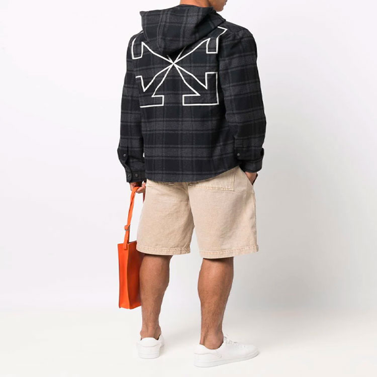 Purchase オフホワイト SS22 チェッカード フード付き 長袖 レギュラーフィット シャツ ブラック メンズ OMGA225C99FAB0010701