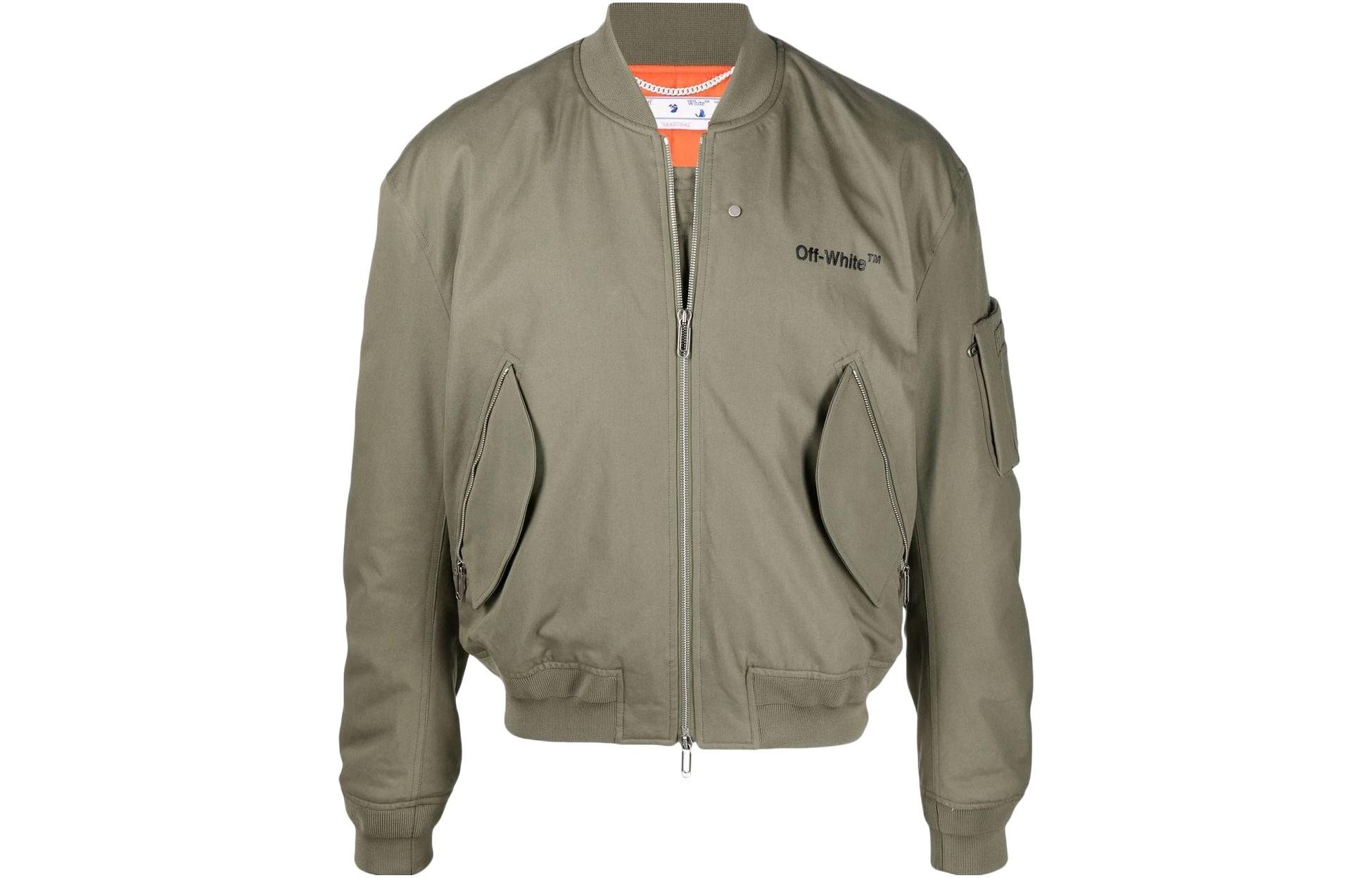 Off-White SS22 Logo Embroidered Ribbed Collar Bomber Jacket Green OMEH040S22FAB0015610