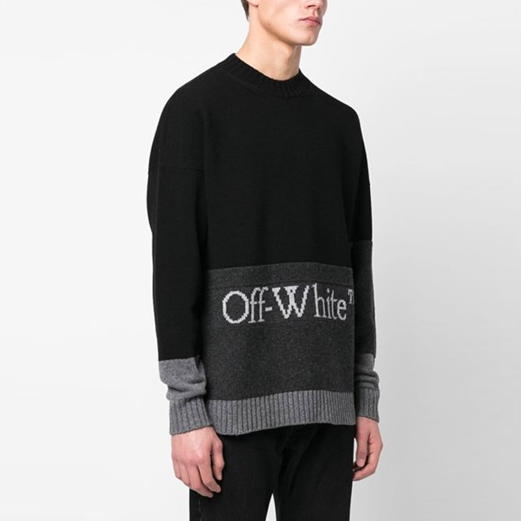 Shop オフホワイト SS23 ブラック ロゴ ニット クルーネック セーター レギュラーフィット OMHE048C99KNI0031001