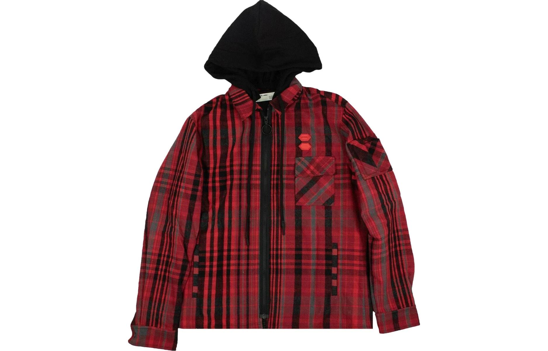 Order OFF-WHITE SS23 ストライプ マルチポケット フーディ ジャケット レッド メンズウェア OMGA061E19E230022010