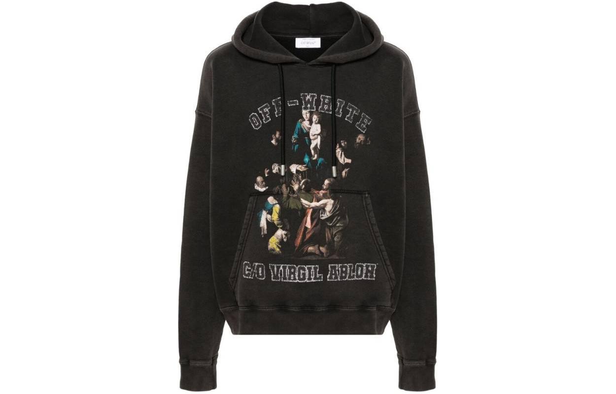 Order 오프화이트 SS24 포트레이트 프린트 블랙 후디 풀오버 스웨터. OMBB085S24FLE0091001