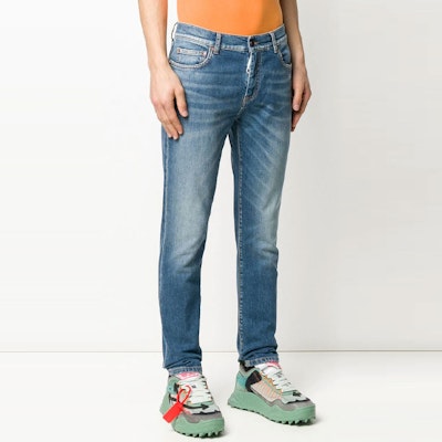 Off-White Stonewash Skinny Fit Denim Jeans Medium Blue/White Shop Off-White Stonewash Skinny Fit Denim Jeans Medium Blue/White