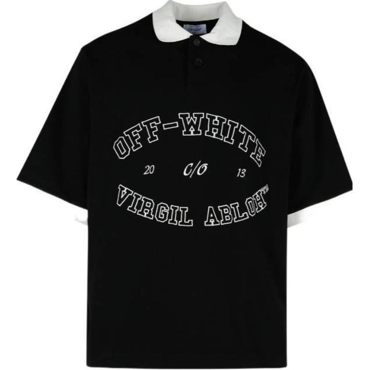 OFF-WHITE Striped Logo Embroidered Black Short Sleeve Polo Shirt OMGB017F24JER0031001