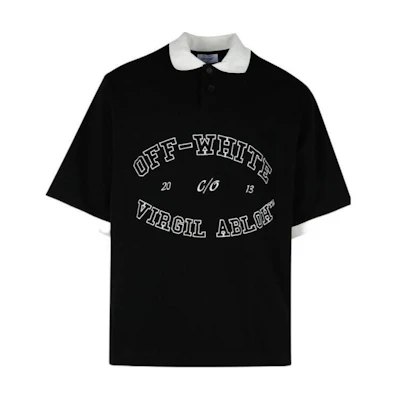 OFF-WHITE Striped Logo Embroidered Black Short Sleeve Polo Shirt OMGB017F24JER0031001