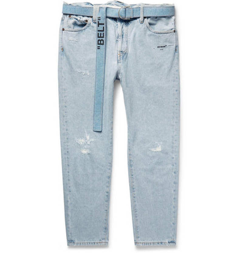 Off-White Tapered Distressed Denim Jeans Light Blue