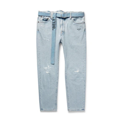Off-White Tapered Distressed Denim Jeans Light Blue