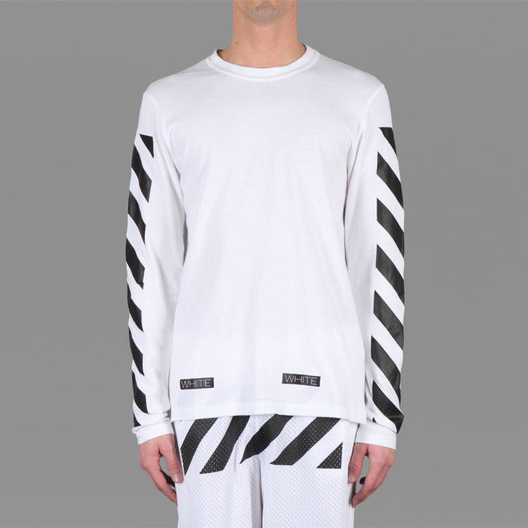 Shop OFF-WHITE Virgil Ow条纹13字母长袖白色男女同款T恤 AU2001-03-00
