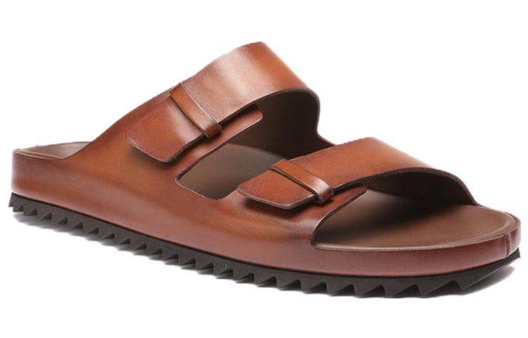 Order 義大利製造 Agorà 皮革露趾圓頭一字拖鞋 男款 棕色