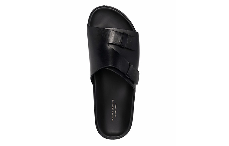 Shop Officine Creative 男士黑色皮革圓頭平底拖鞋